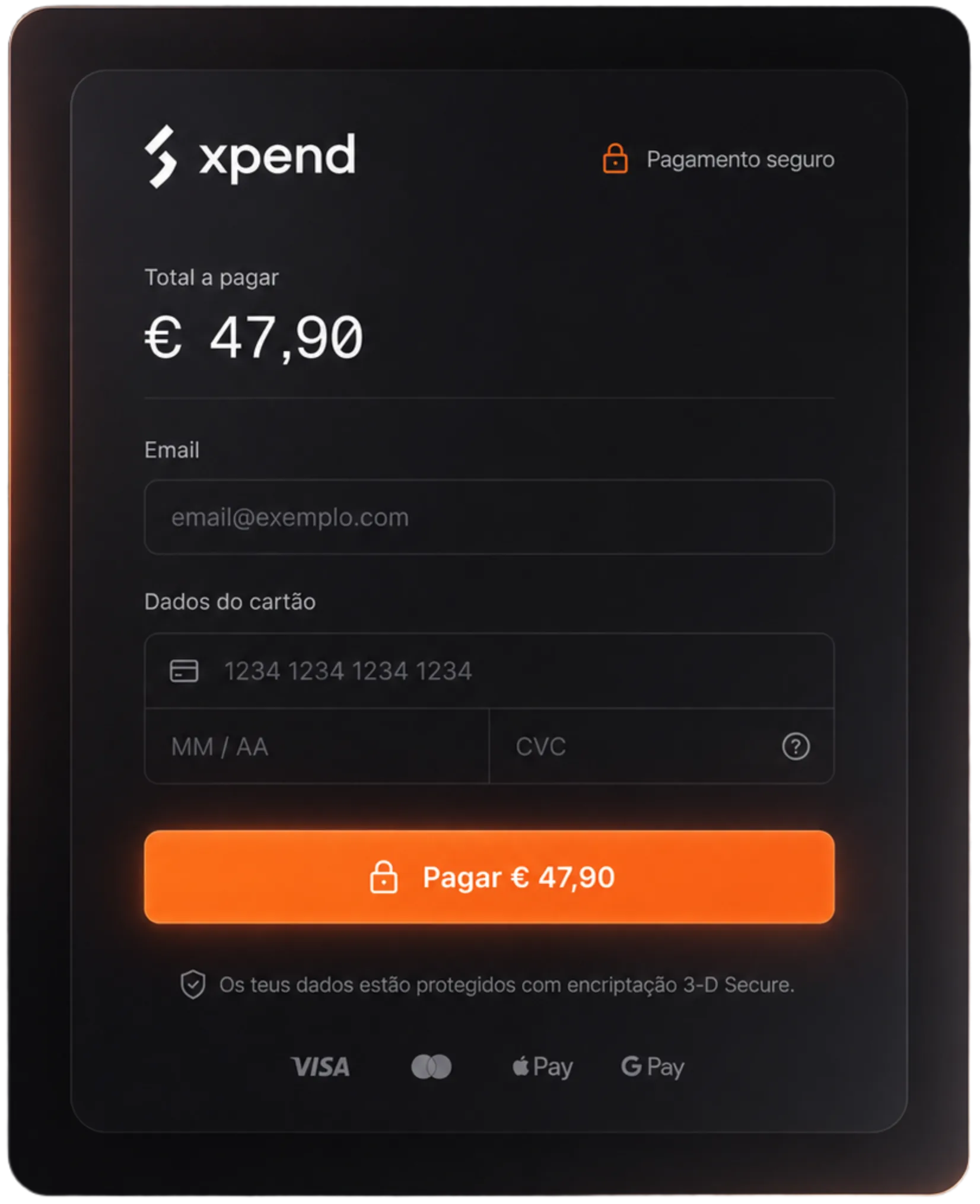 Checkout Xpend: total a pagar, email e dados do cartão, com 3-D Secure.