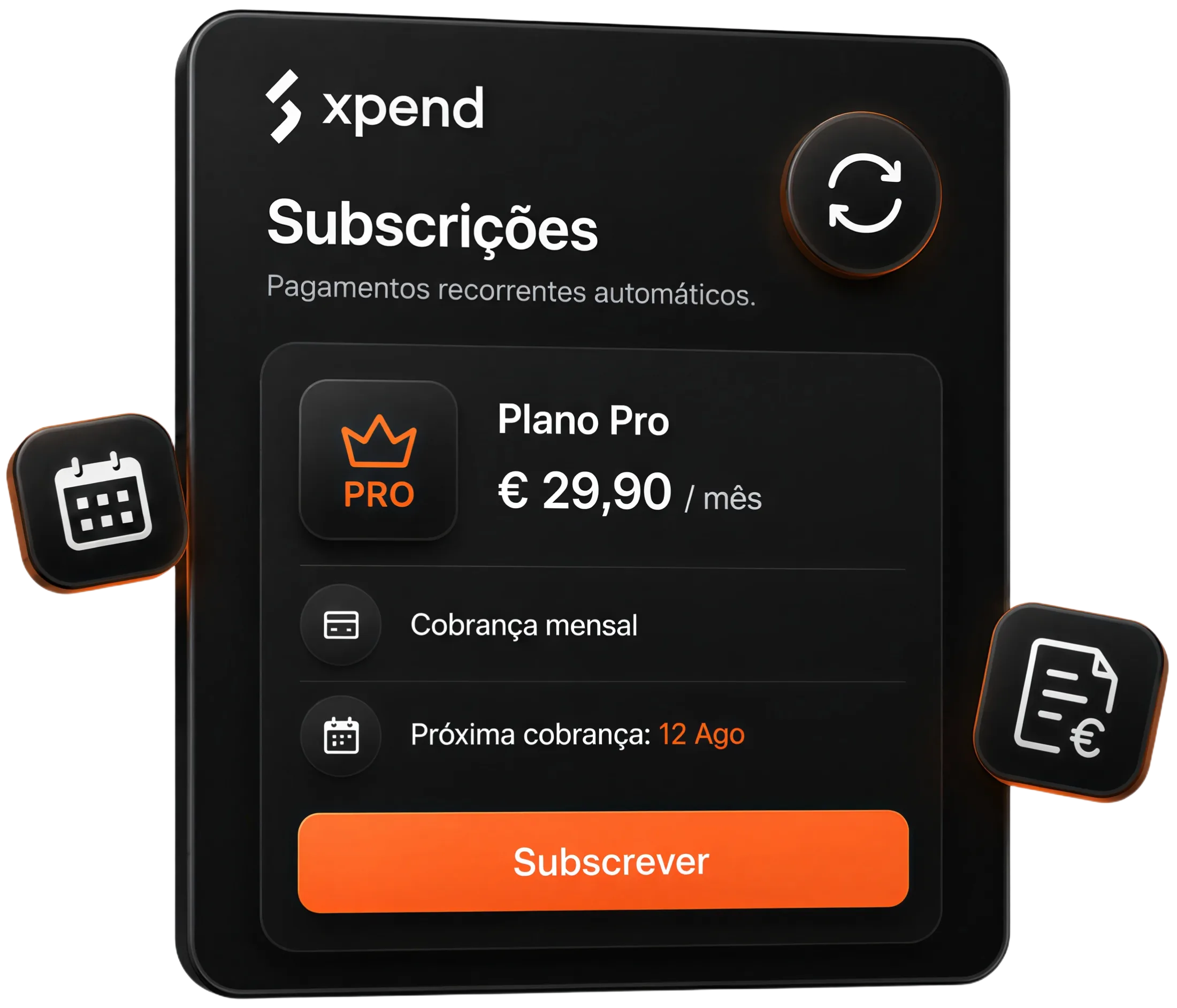 Subscrições Xpend: Plano Pro € 29,90/mês, cobrança mensal e próxima cobrança.